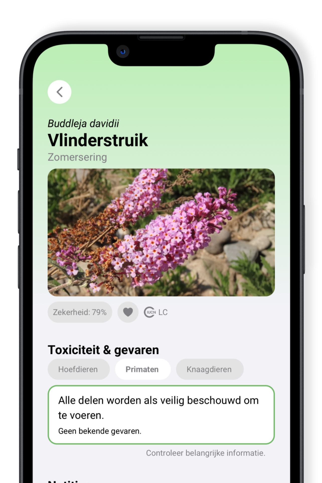 BrowseBuddy-scherm met advies over de geschiktheid van een plant